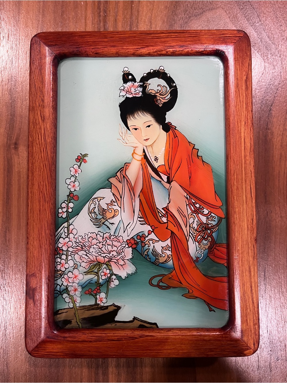 REVERSE PAINTING on Glass Wooden Jewelry Box Rare Japanese Woman Geisha Mirror